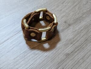 Brown Gold Genuine Leather Brass Link Heavy Cuff Bracelet Steampunk Retro Biker